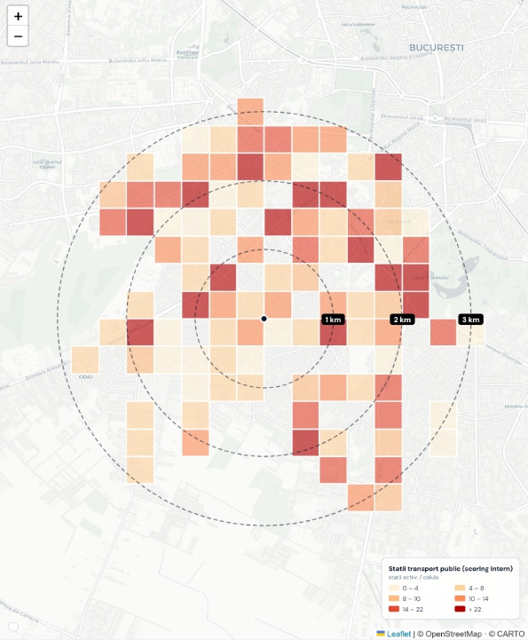 Heatmap accesibilitate transport public: scoring pe celule dupa numarul de statii echivalente