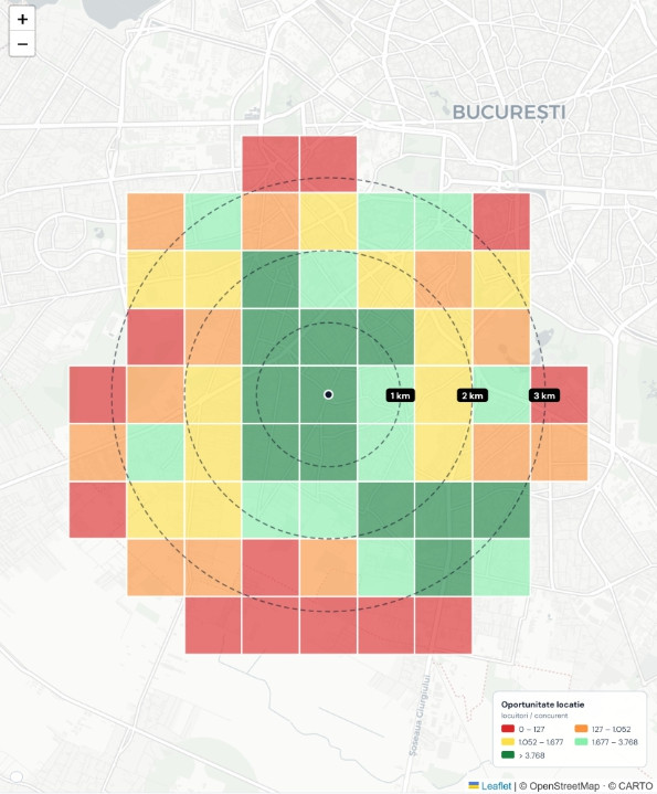 Heatmap oportunitate afacere: raportul dintre locuitori si concurenti pe fiecare zona