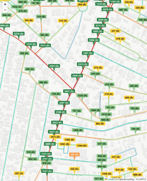 Detaliu harta trafic pietonal pe strazi, cu valori pe segmente si clase de trafic